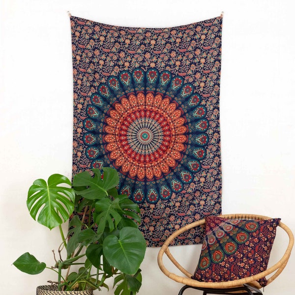 Mandala tapestry, indian wallhanging in blue orange and turquoise. Oriental peacock feather design. 100% cotton, vegan and fair trade