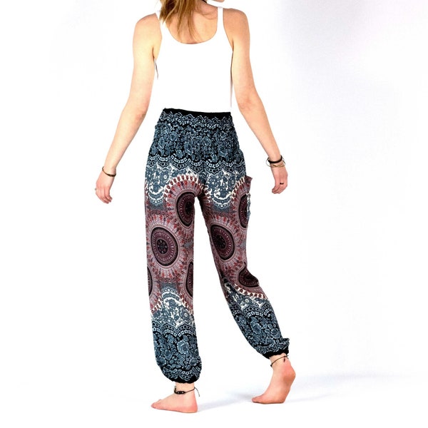 Harem pants with mandala in blue red, airy aladin pants in soft viscose, casual pants from Thailand, fair trade, vegan