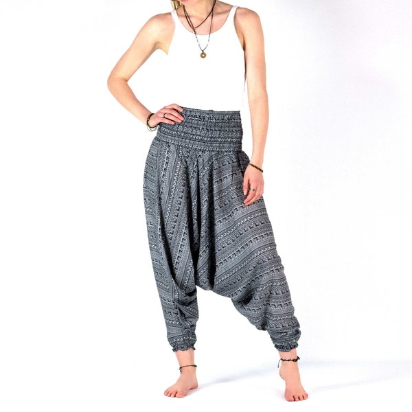 Aladdin pants with ethnic pattern in black and white, airy Aladdin pants with a low cut made of soft viscose, Indian harem pants, fair trade