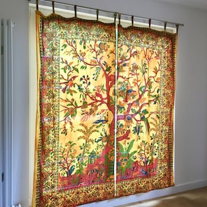 Indischer Vorhang Lebensbaum orange Weltenbaum batik gelb Baum des Lebens Boho Gardinen Hippie Stil Fenster Dekoration aus fairem Handel