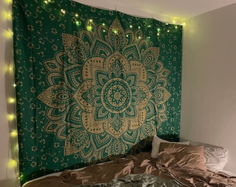 Tissu mural mandala avec lotus en or vert 2 x 2 m Tapisserie indienne 100% coton, tenture murale orientale pour salon et chambre