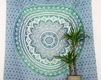 Indian Mandala Tapestry Wallhanging Ombre turquoise green white bohemian gipsy bedcover beachthrow