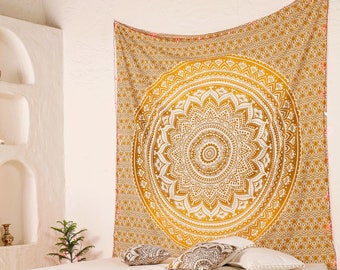 Ombre Mandala Wall Tapestry, Ochre Brown, Mandala Wall Hanging from India, 210 x 230 cm, Traditional Wall Hanging, 100% Cotton, Fair Trade