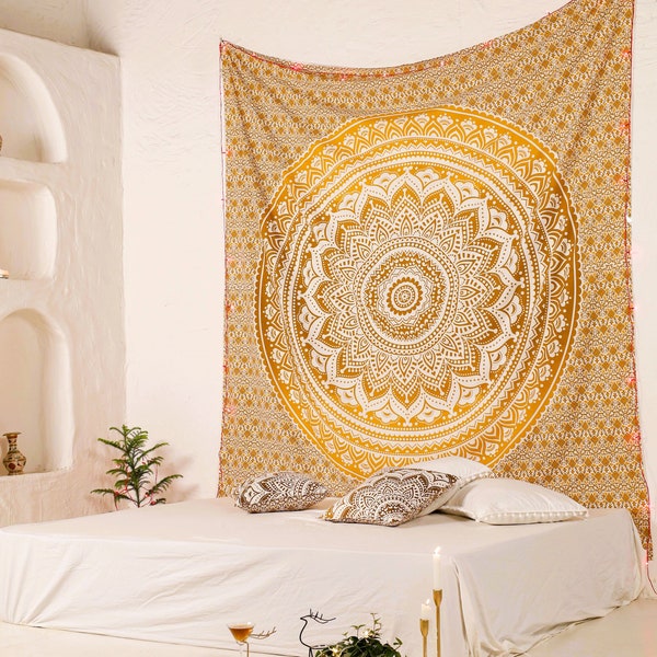 Wandteppich Ombre Mandala ocker braun Mandala Wandtuch aus Indien 210x230 cm traditioneller Wandbehang, 100% Baumwolle, fair gehandelt