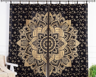 Indischer Vorhang Lotus Mandala schwarz Gold orientalische Gardine ethno Stil mit Schlaufen ohne Haken handgefertigt aus fairem Handel