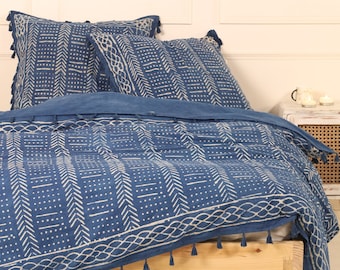 Bettwäsche mit Blockdruck indigo blau - boho Bettbezug für Einzelbett 140x200 cm - handgefertigt und fair gehandelt in Indien - Karmandala