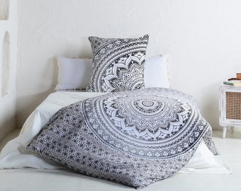 Bettwäsche mit Mandala in schwarz grau 155x220 cm + 80x80 cm Kissen, indischer Boho Bettbezug aus 100% Baumwolle - fair gehandelt