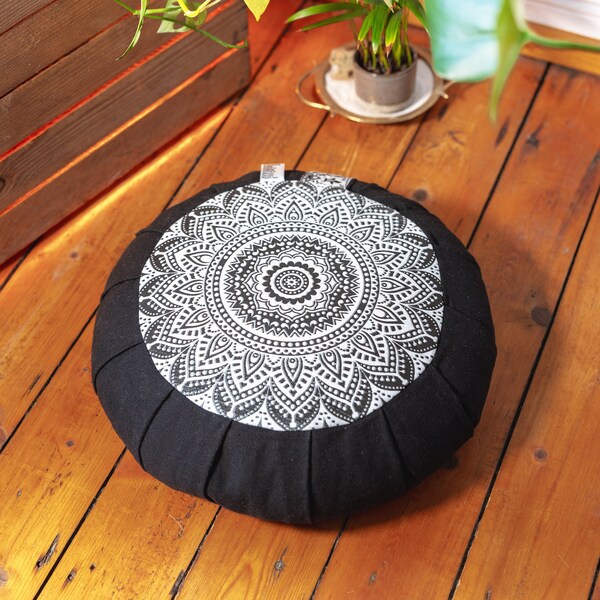 Cojín de yoga redondo con relleno de trigo sarraceno - cojín de asiento redondo con estampado de mandala en blanco y negro - de lona de algodón y lino