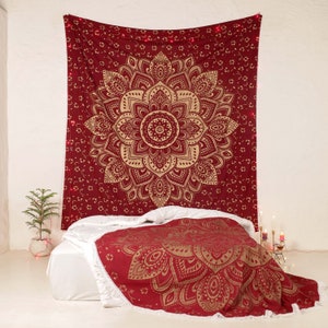 Wall cloth in red with lotus mandala in noble gold color Indian tapestry 210 x 230 cm, 100% cotton wall hanging fairly traded & handmade