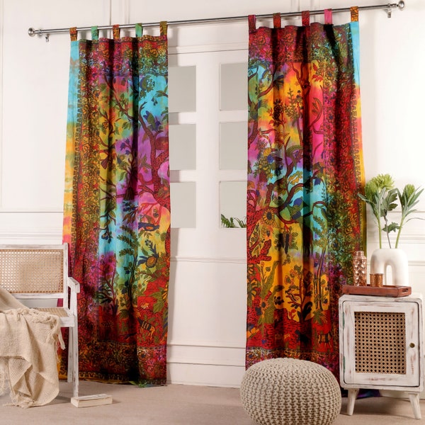 Indischer Vorhang Lebensbaum bunt Weltenbaum batik Baum des Lebens Boho Gardinen Hippie Stil Fenster Dekoration aus fairem Handel