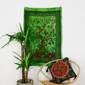 Kleiner Wandteppich Baum des Lebens grün batik Wandtuch Lebensbaum indischer Wandbehan, Wandposter aus Baumwolle fair gehandelt