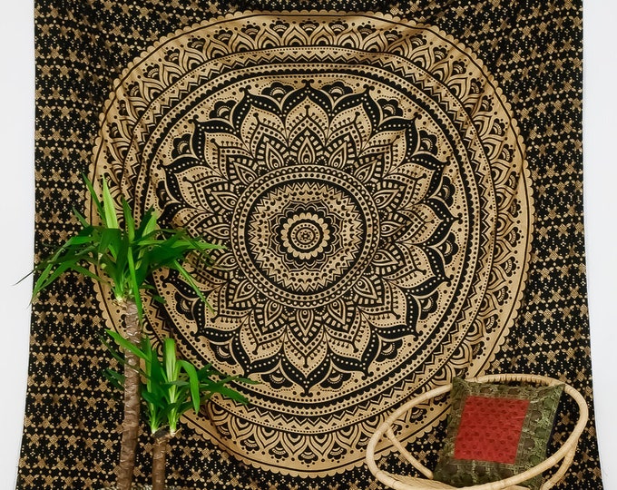 Tapestry ombre mandala black gold indian wall hanging, boho walldecor handmade from 100% cotton, vegan, fair trade in india