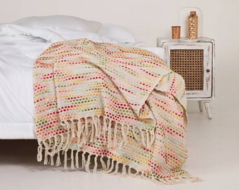 Woven bedspread made of soft cotton in natural white with colorful accents, 240 x 220 cm - Boho bed throw Handmade & Fair Trade