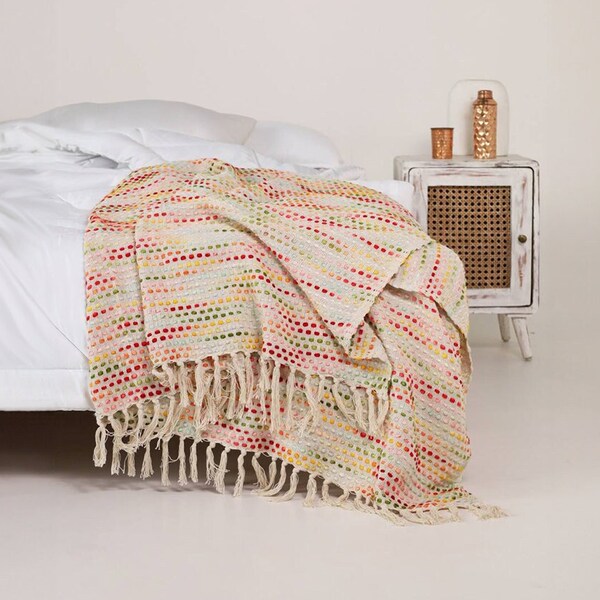 Woven bedspread made of soft cotton in natural white with colorful accents, 240 x 220 cm - Boho bed throw Handmade & Fair Trade