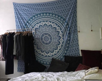 Indian Mandala Tapestry Wallhanging Ombre blue white bohemian gipsy bedcover beachthrow elephants