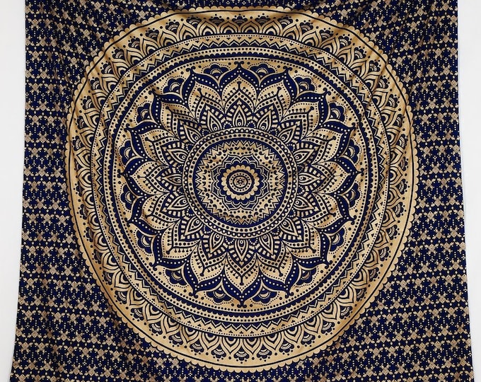 Tissu mural Ombre Mandala tapisserie d’or bleu de l’Inde accrochage mural spirituel, fait à la main en 100% coton, commerce équitable, végétalien
