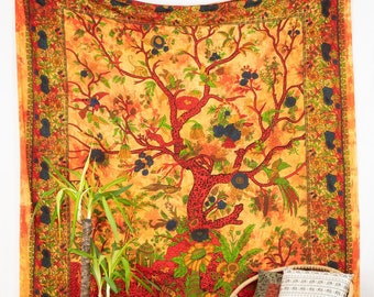 Tissu mural arbre de vie orange Tenture murale indienne arbre de vie tapisserie commerce équitable couvre-lit jeté de lit tissu XXL pour le mur