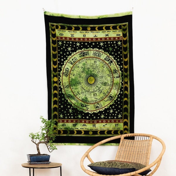 Wandtuch Sternzeichen schwarz grün indischer Wandbehang mit Horoskop Wandteppich mit Tierkreis Zeichen fair gehandelt aus Indien