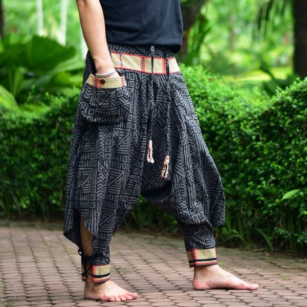 Sarouel en gris avec tissu Hilltribe, pantalon Goa en 100% coton, unisexe - très flexible, pour chaque coupe, cousu à la main et commerce équitable