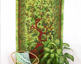 Arbre de tissu de mur de la vie batik vert mur indien accrochant le tapis de mur d'arbre du monde foire d'arbre échangée de couverture de jour throwover