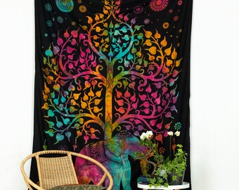 Tissu mural avec éléphant et arbre de vie batik coloré sur noir Tenture murale indienne en coton tapisserie traditionnelle vegan fair