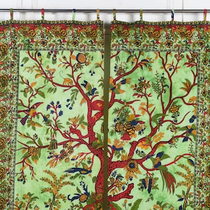Rideau arbre de vie vert avec arbre du monde batik indien arbre de vie décoration de fenêtre ethnique issu du commerce équitable 2 x 2 m image 4