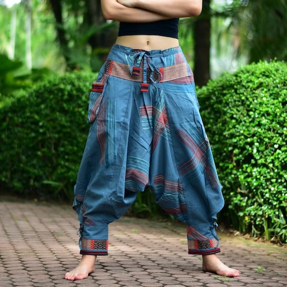 Harem Pants in Blue, With Large Pocket and Flexible Waist Unisex Yogapants  for All Sizes and Length, Made of 100% Soft Cotton 