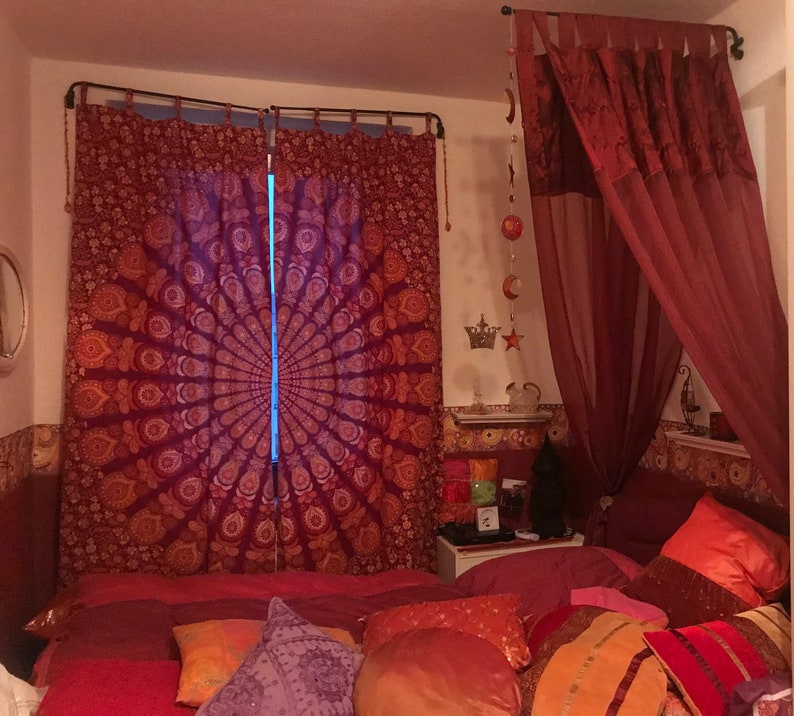 Vorhang Mandala Pfauenfeder rot orange gelb blickdicht lichtdurchlässig Gardinen mit Schlaufen Bohostyle