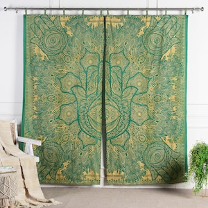 Indian curtain Fatima's hand green gold oriental mandala curtain Hamsa Holy hand Indian curtains fair trade 100% cotton