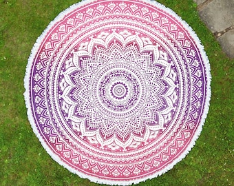 Indian Mandala roundie beachtowel round ombre purple pink white with fringe 185 cm fair and vegan