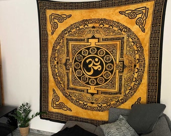 Tapestry Om yellow - spiritual chakra wallhanging from india - boho wall decoration with AUM sign for meditation and yoga