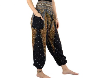 Pantalon harem à plumes de paon, noir et or, tailles XL-XXL - pantalon ample et confortable en viscose douce, unisexe - cousu main