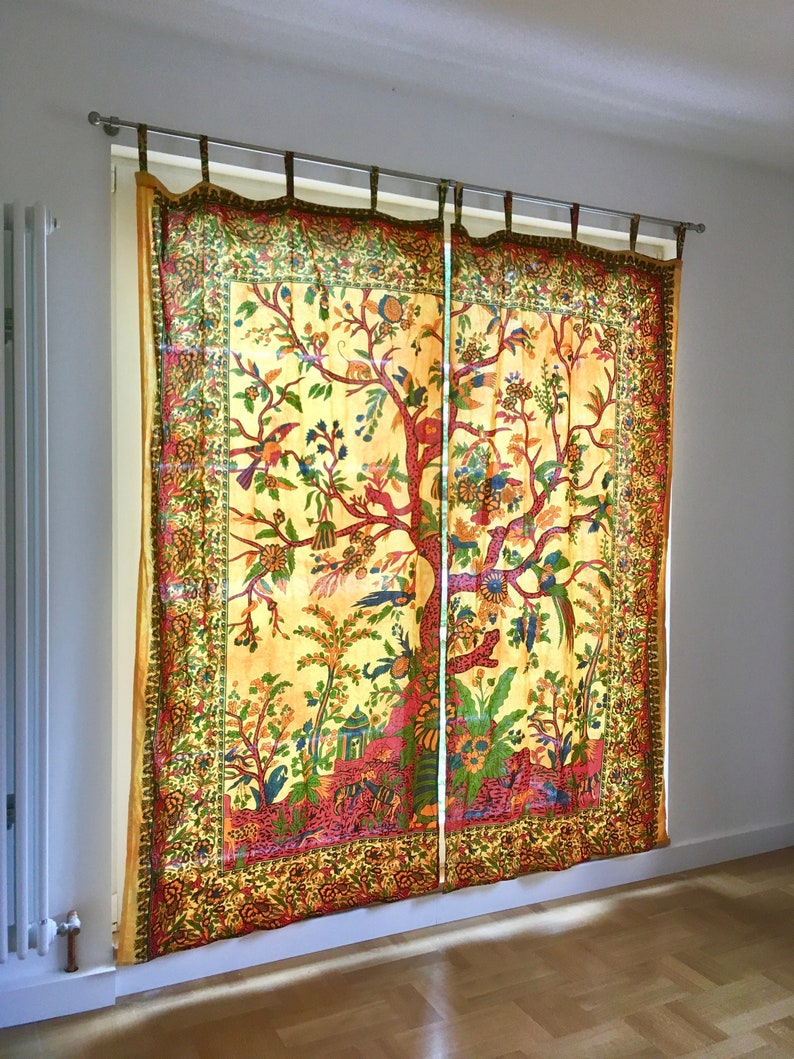 Indischer Vorhang Lebensbaum orange Weltenbaum batik gelb Baum des Lebens Boho Gardinen Hippie Stil Fenster Dekoration aus fairem Handel