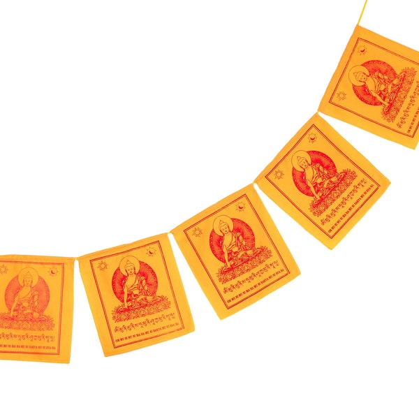 Bandera de oración Buda amarillo Shakyamuni 2 m, banderas con mantra y bendición budista Banderas de oración tibetanas hechas de algodón, de Nepal