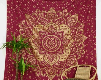 Indian deluxe Mandala Tapestry Wallhanging with golden Lotus flower on red fabric cloth