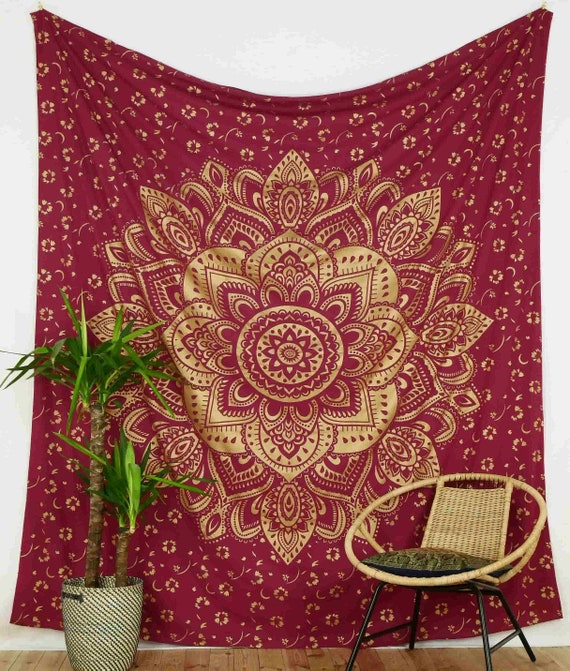 Indian Deluxe Mandala Tapestry Wallhanging With Golden Lotus Flower on Red Fabric Cloth Etsy