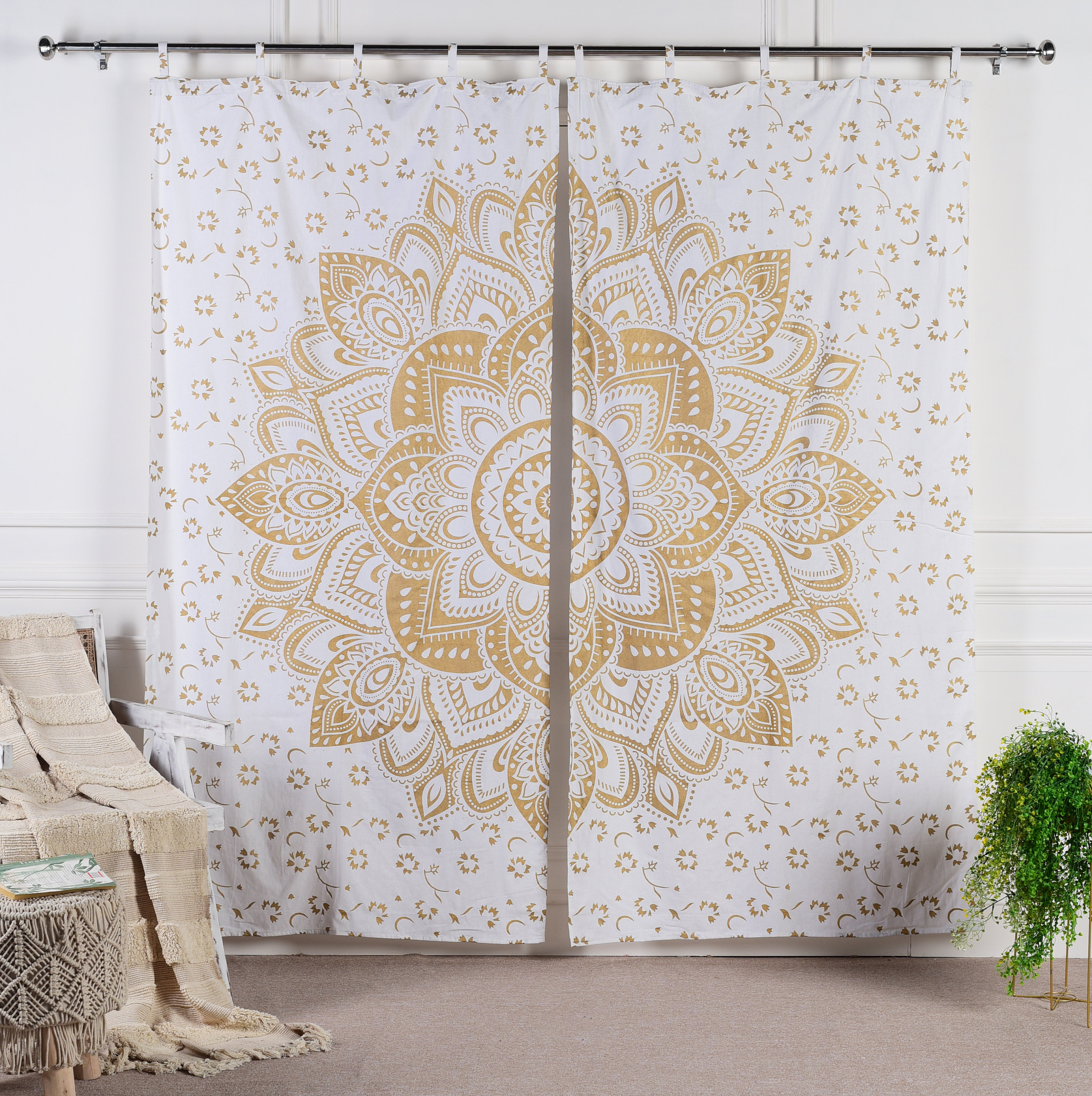 Indischer Vorhang Lotus Mandala weiß gold orientalische gardine ethno stil  mit Schlaufen blickdicht handgefertigt aus fairem handel