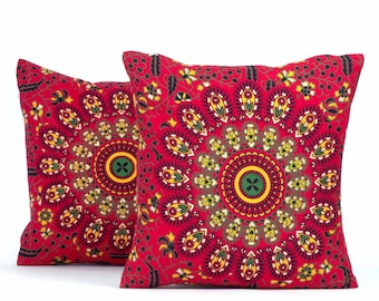 Mandala cushion red yellow 40 x 40 cm decorative cushion feather pattern, Indian decorative cushion cover 15 inch seat cushion for sofa and armchair