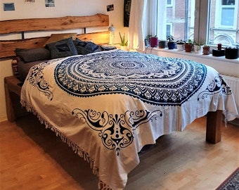 Indische Tagesdecke Ombre Mandala blau natur weiß mit Fransen ca. 220x240 cm, King Size 100% Baumwolle, handgefertigt in Indien