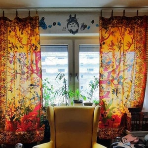 Indischer Vorhang Lebensbaum orange Weltenbaum batik gelb Baum des Lebens Boho Gardinen Hippie Stil Fenster Dekoration aus fairem Handel