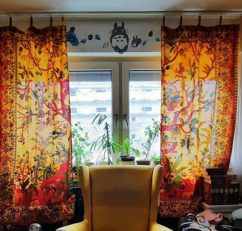 Indischer Vorhang Lebensbaum orange Weltenbaum batik gelb Baum des Lebens Boho Gardinen Hippie Stil Fenster Dekoration aus fairem Handel