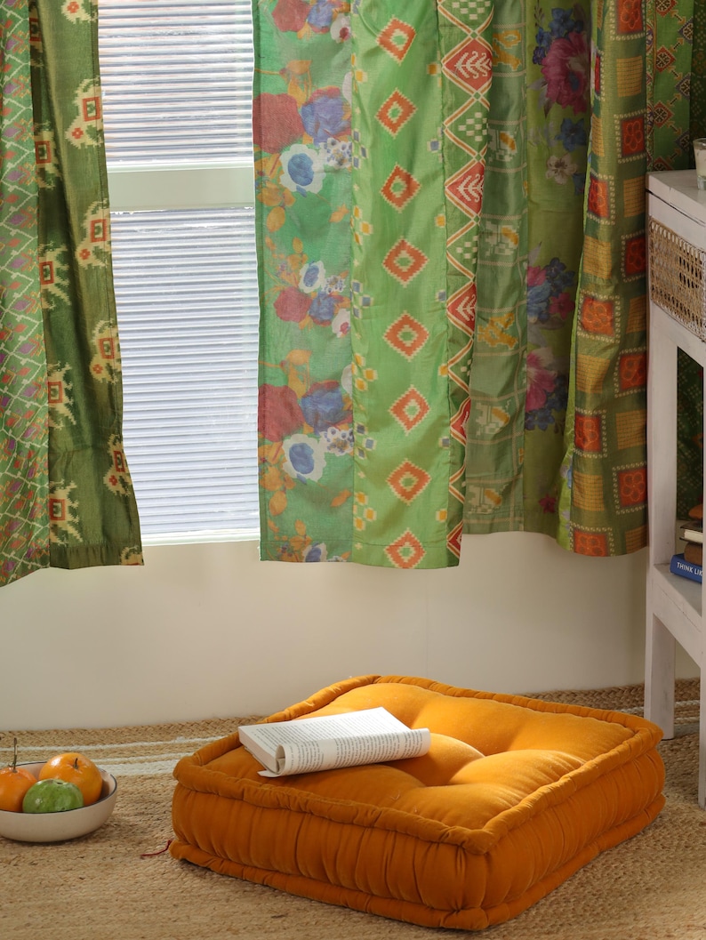 Boho-Vorhänge Grün Indischer Sari Vorhang handgefertigte Patchwork Gardine bunte Fenster Dekoration Hippie-Schlafzimmer aus recycelten Saris