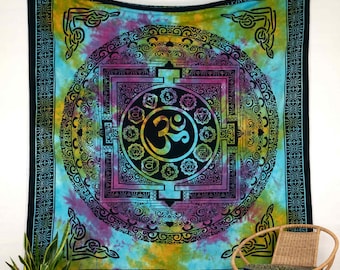 Om symbol batik wall hanging, colorful Indian wall hanging, Goa cloth with Ohm and chakra symbols, cotton tapestry, vegan and fair trade