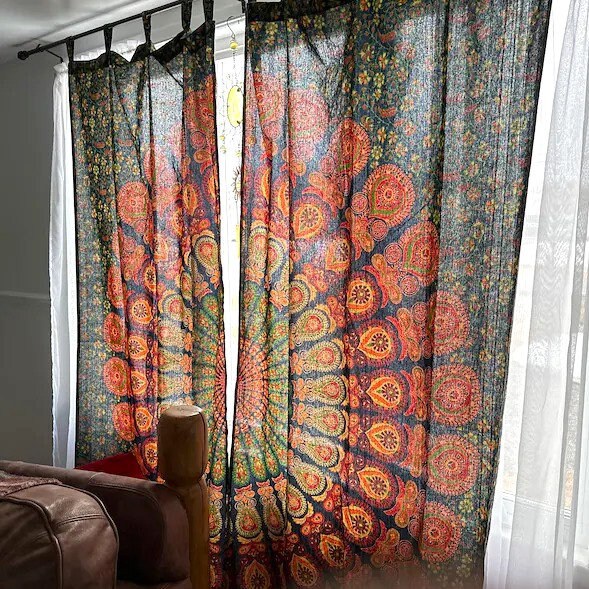 Tenda A Pannelli Indiana In Cotone, Arazzo Mandala, Decorazione Boho, 2 Pezzi 208x104 Cm, Artigianale