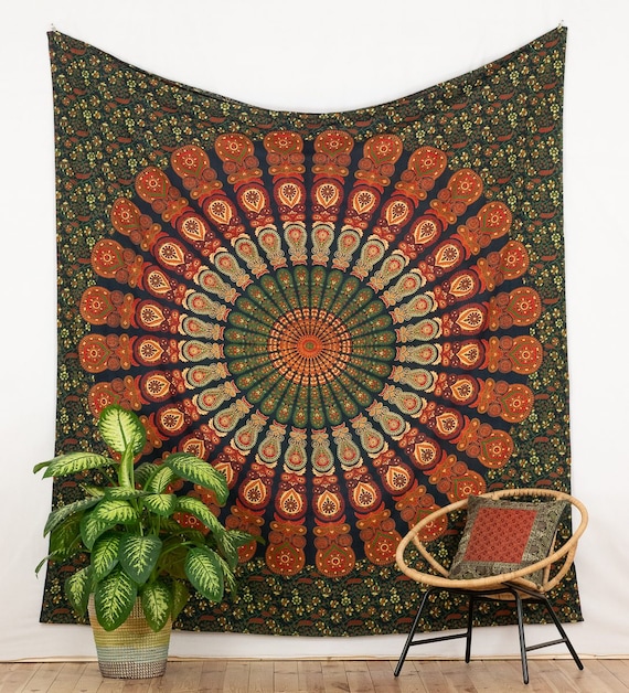 Mandala Tapestry Green Orange Indian Wall Hanging Large Green Peacock  Feather Cloth in Boho Hippie Design Also Used as Bedspread and Throw -   Canada