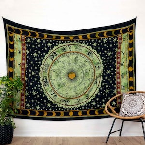 Serviette murale signe du zodiaque noir vert indien mur avec horoscope tapisserie avec des signes du zodiaque commerce équitable de l’Inde