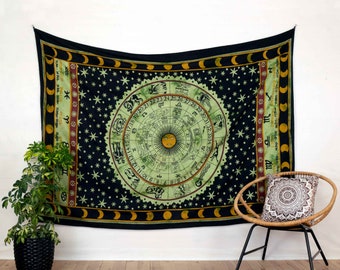 Serviette murale signe du zodiaque noir vert indien mur avec horoscope tapisserie avec des signes du zodiaque commerce équitable de l’Inde