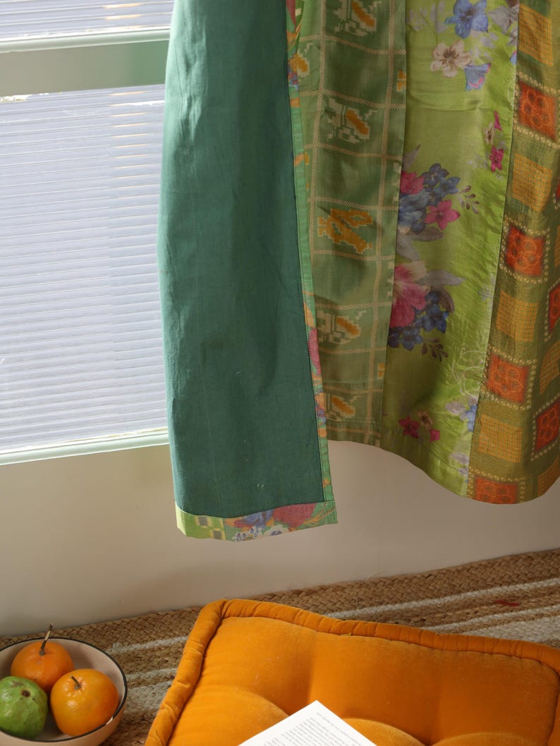 Boho-Vorhänge Grün Indischer Sari Vorhang handgefertigte Patchwork Gardine bunte Fenster Dekoration Hippie-Schlafzimmer aus recycelten Saris
