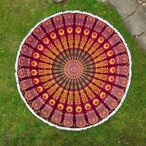 Round mandala beachtowel in red and yellow - indian bedspread with white fringe appox. 185 cm 100% cotton boho style round blanket
