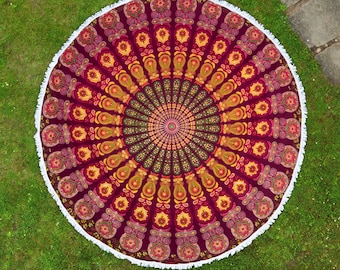 Round mandala beachtowel in red and yellow - indian bedspread with white fringe appox. 185 cm 100% cotton boho style round blanket